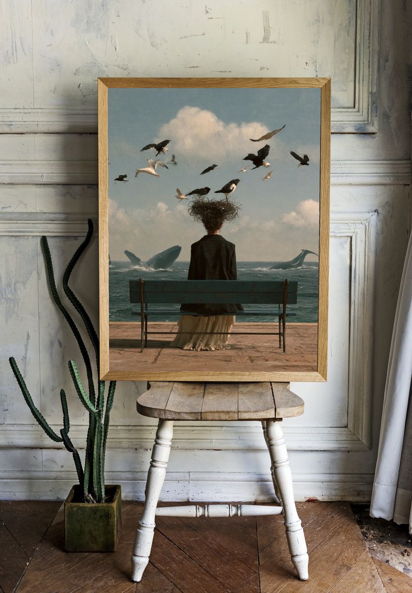 Surreal Seaside Bench Poster. room preview