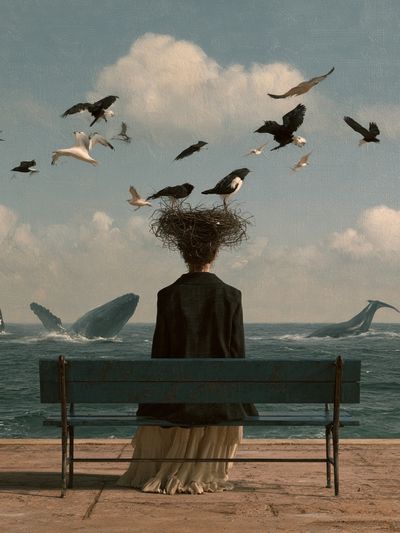 Surreal Seaside Bench Poster.