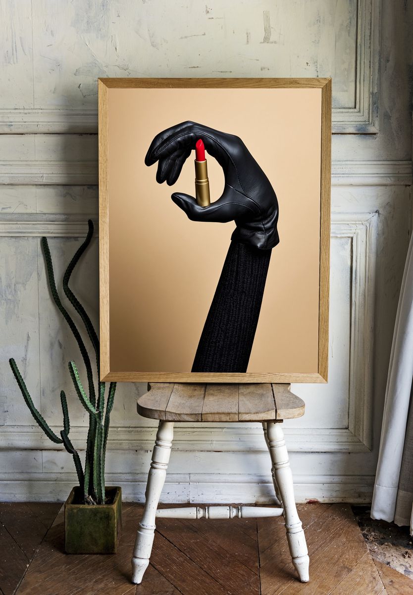 Black Glove Lipstick Surrealism Print. room preview