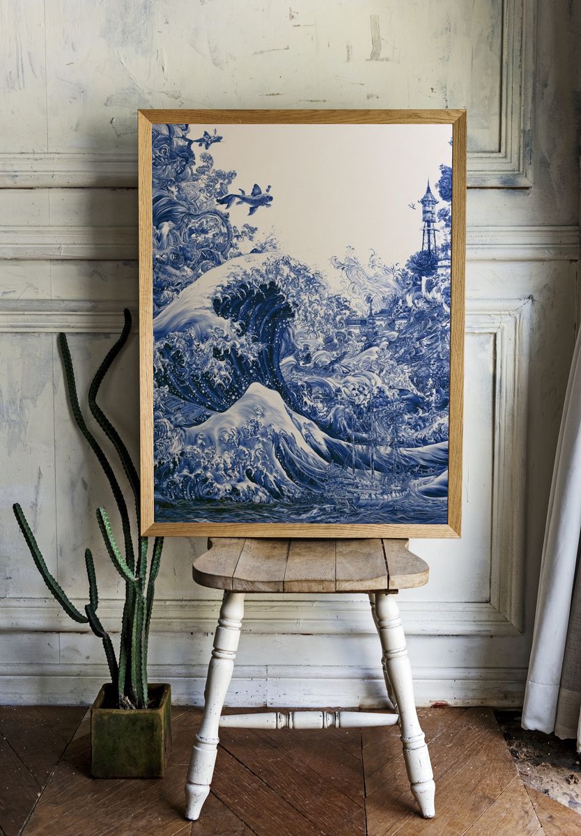 Blue Ocean Wave Surrealism Print. — room view 1