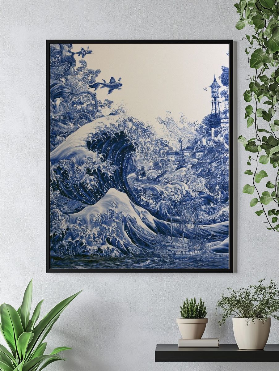 Blue Ocean Wave Surrealism Print. — room view 4