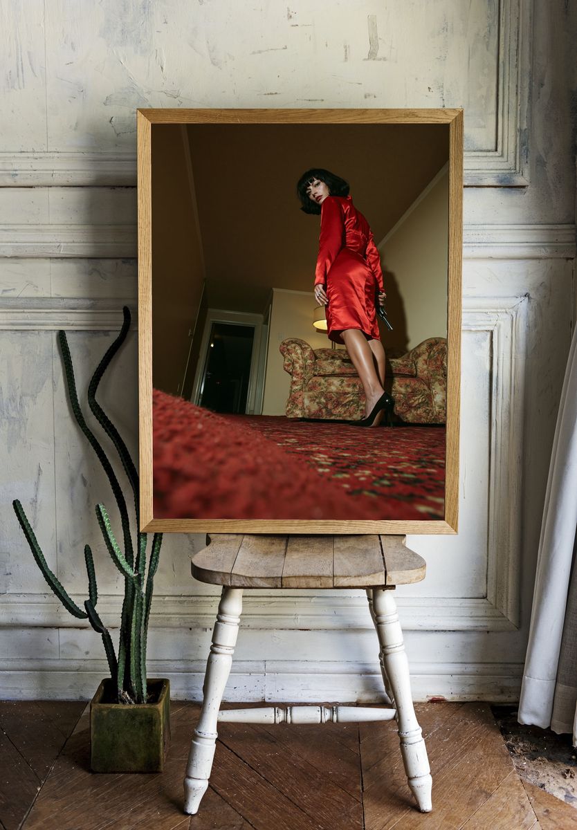 Red Satin Fashion Portrait Poster. room preview