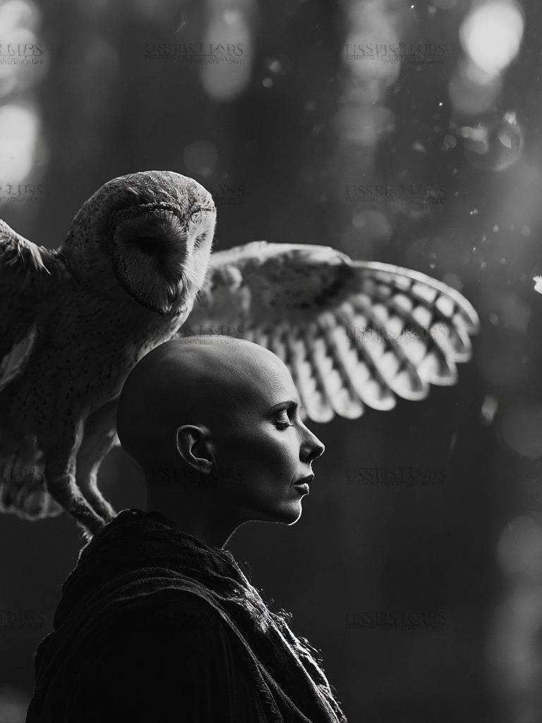 Owl and Bald Figure Surrealism Print. poster detail