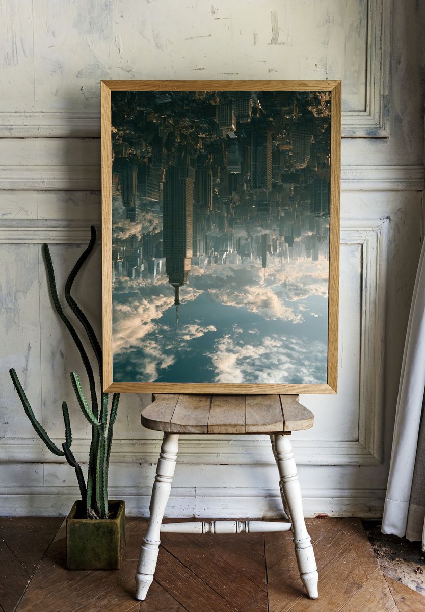 Upside-Down Skyline Surrealism Print. room preview