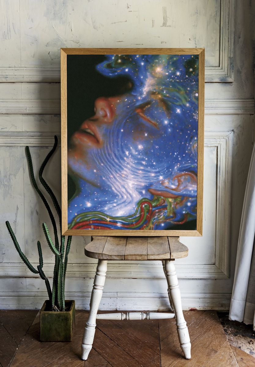 Cosmic Face Surrealism Print. room preview