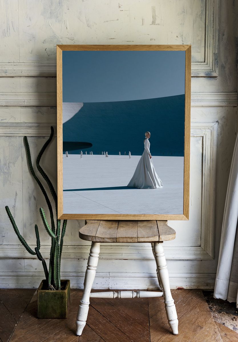 Surreal Blue Courtyard Print. room preview
