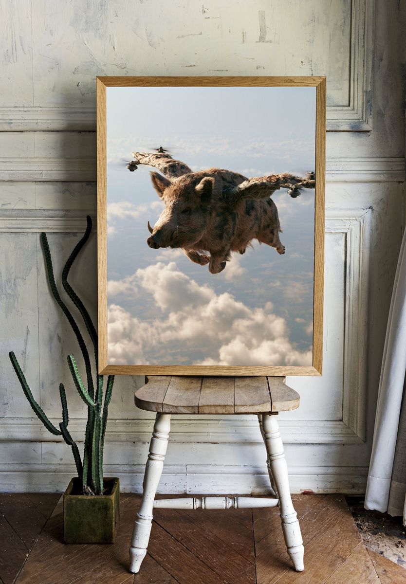 Flying Boar Surrealism Print. room preview