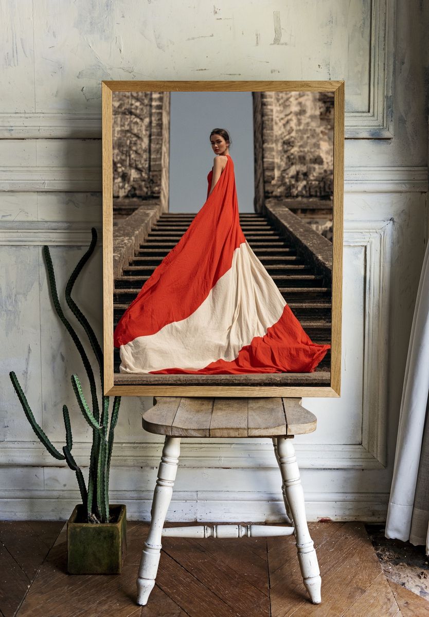 Red Gown Stairway Fashion Poster. room preview