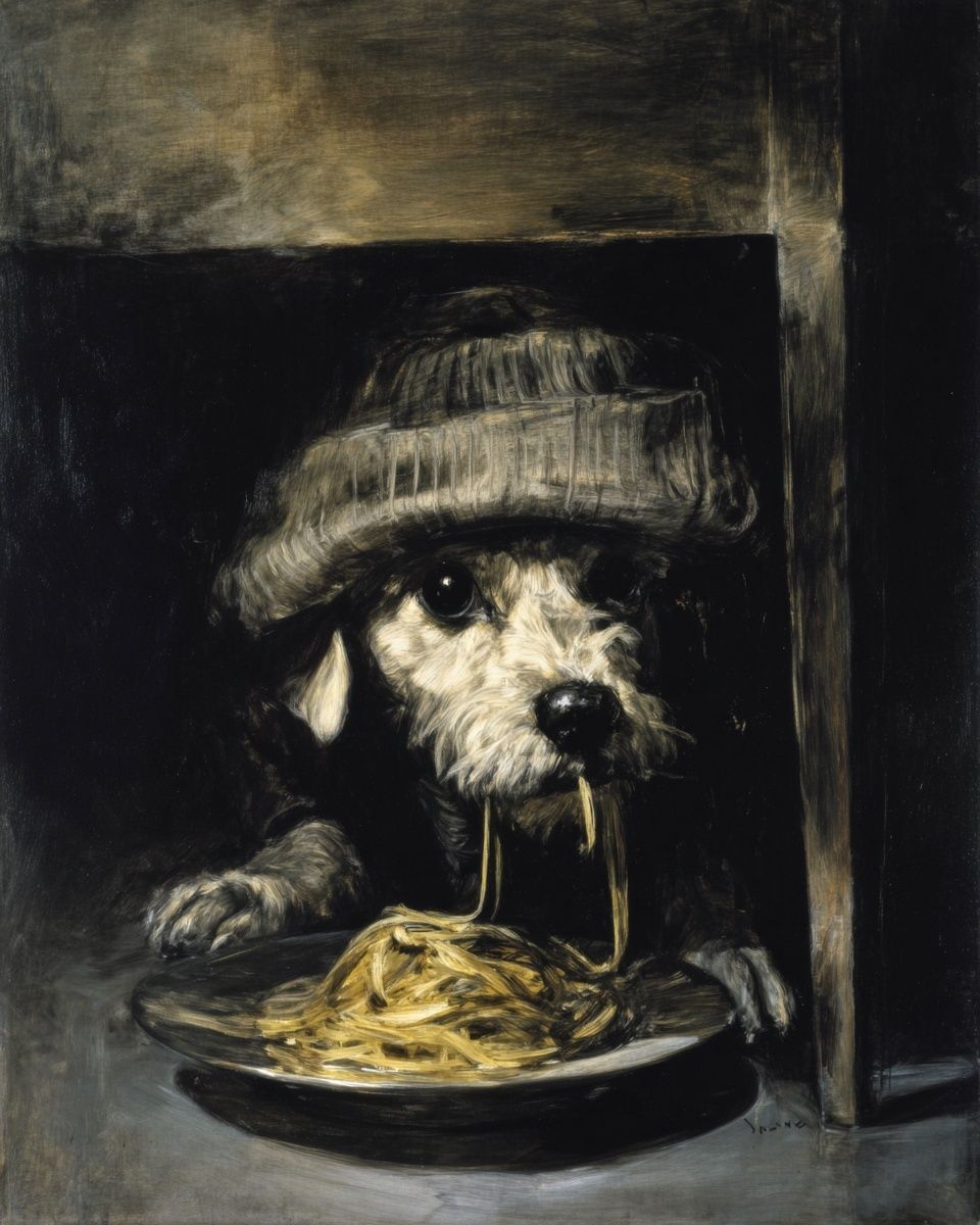 Dog with Spaghetti Surrealism Poster. poster — fine-art art