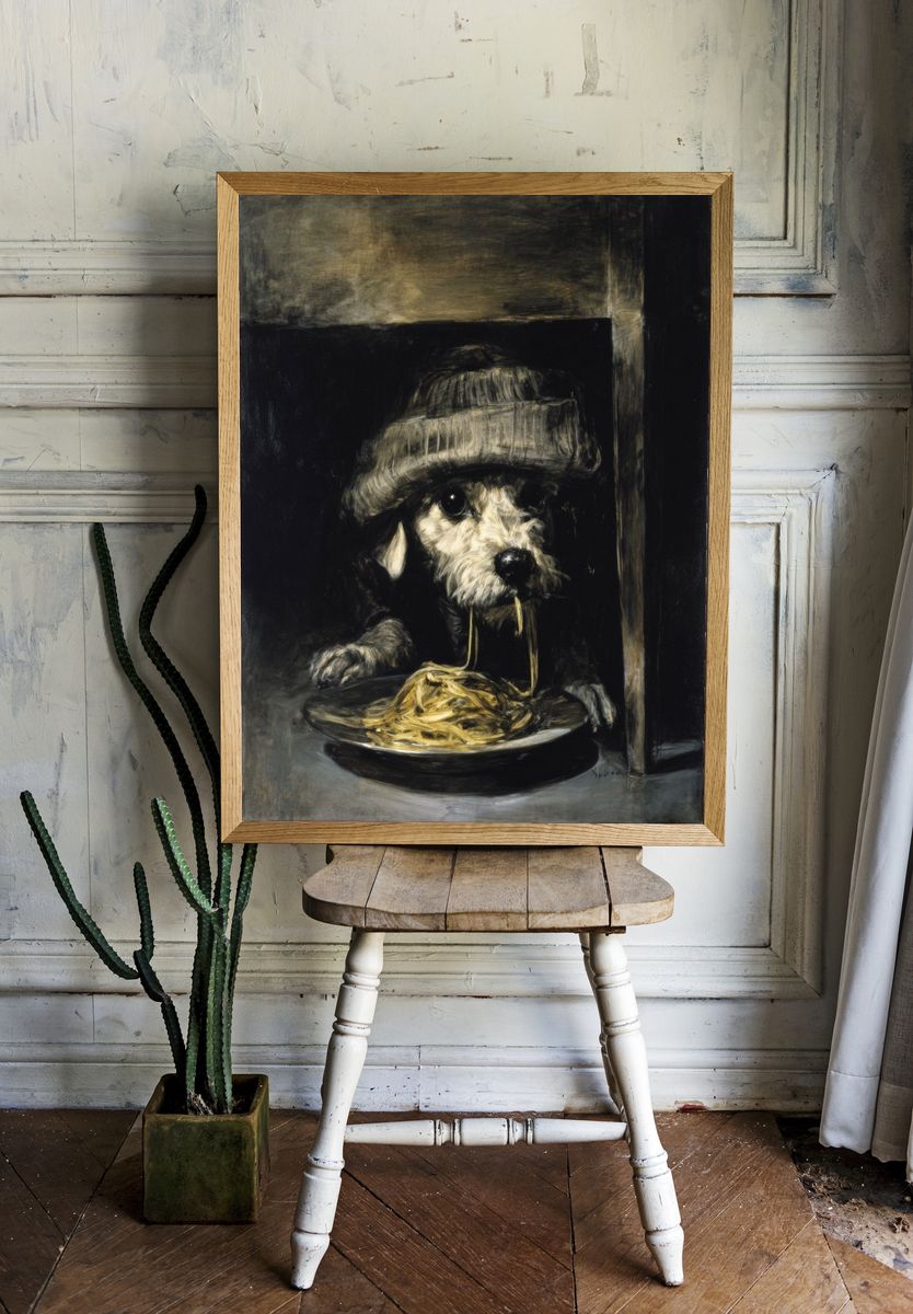 Dog with Spaghetti Surrealism Poster. — room view 1