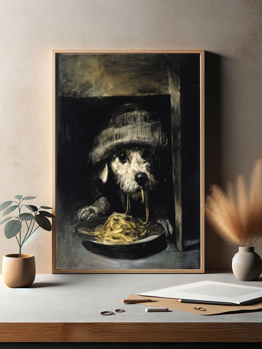 Dog with Spaghetti Surrealism Poster. — room view 2