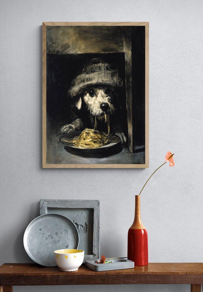 Dog with Spaghetti Surrealism Poster. — room view 3