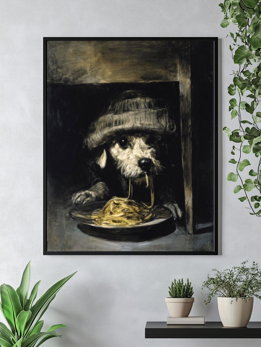Dog with Spaghetti Surrealism Poster. — room view 4