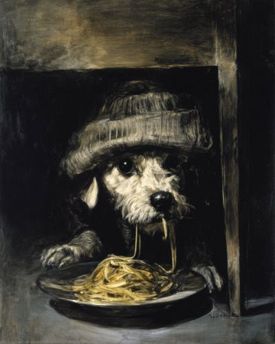 Dog with Spaghetti Surrealism Poster.