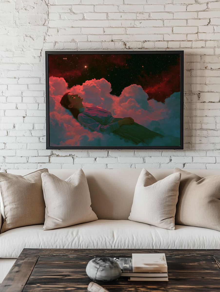 Dreaming in the Clouds Surrealism Print. — room view 1