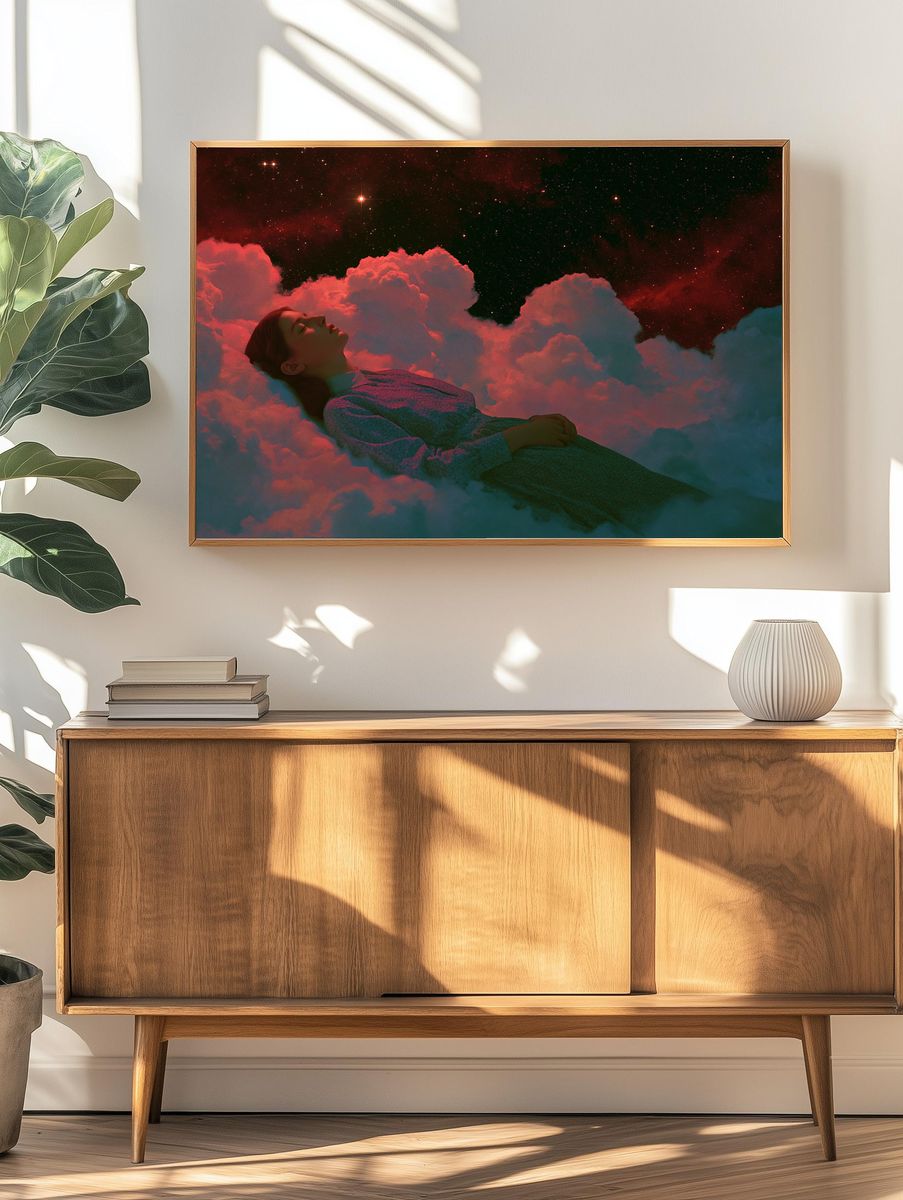 Dreaming in the Clouds Surrealism Print. — room view 3