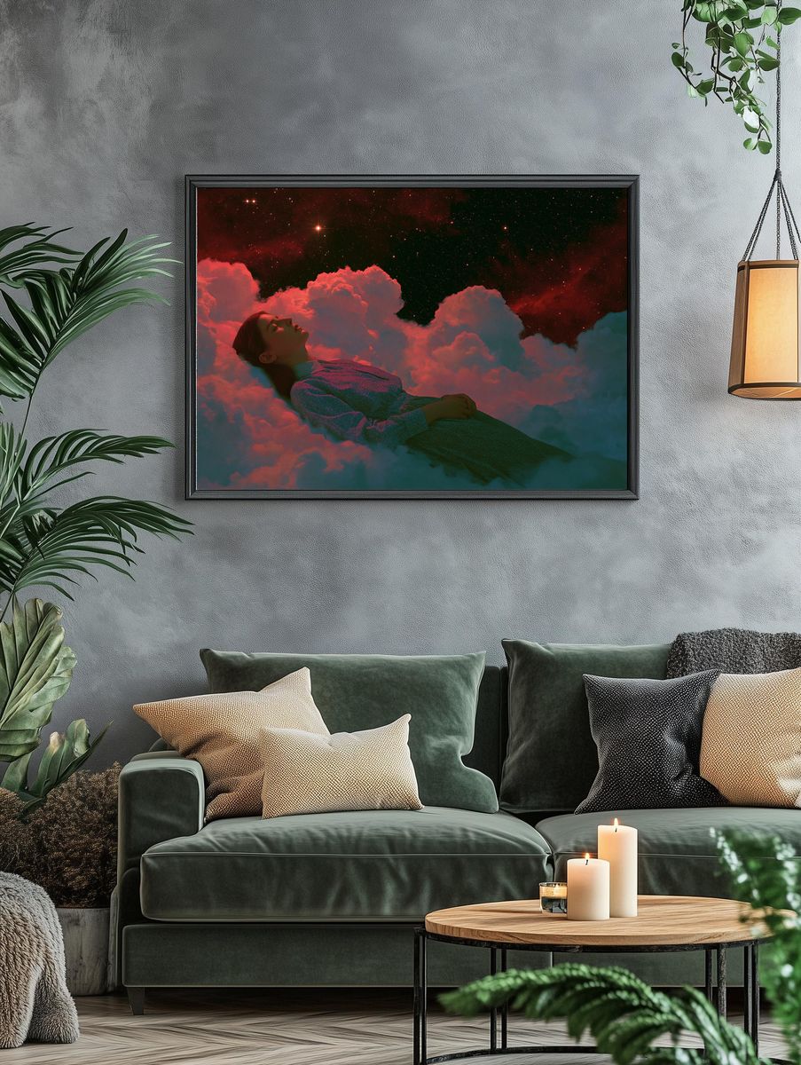 Dreaming in the Clouds Surrealism Print. — room view 4