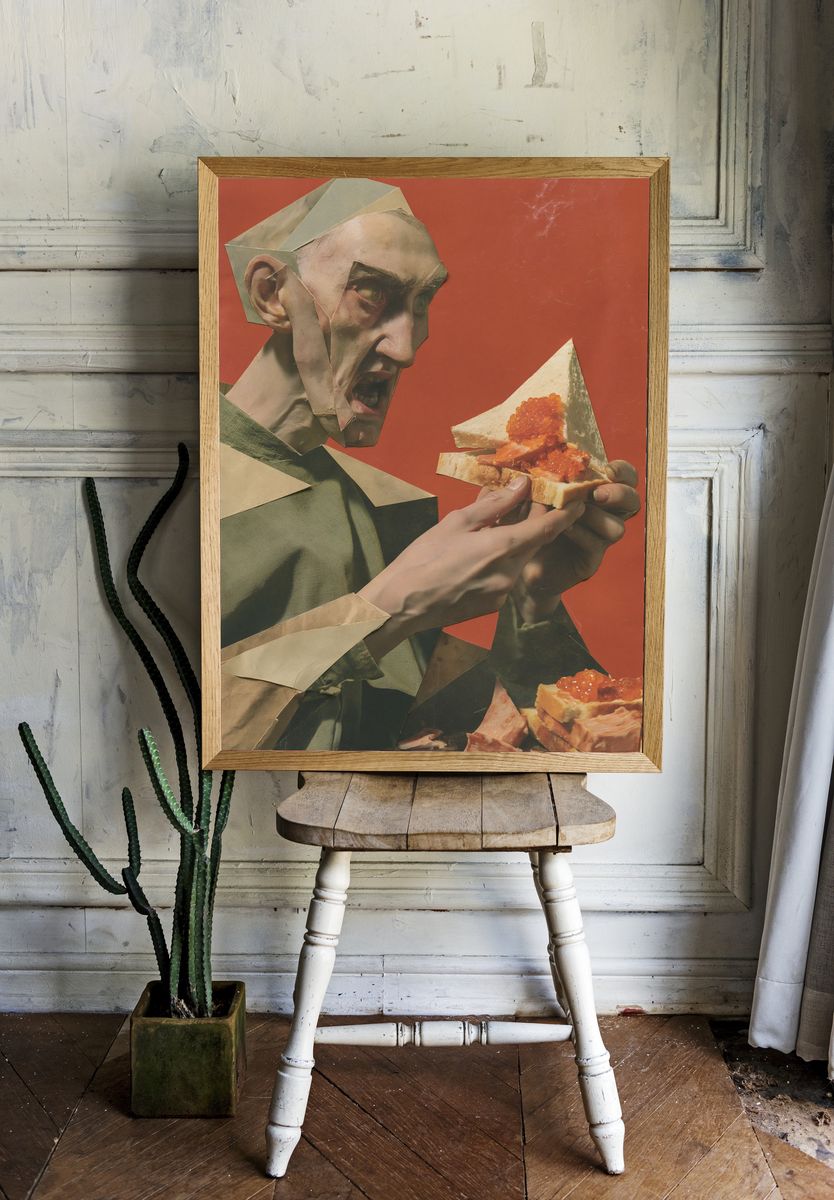 Surreal Collage Man with Sandwich Poster. — room view 1