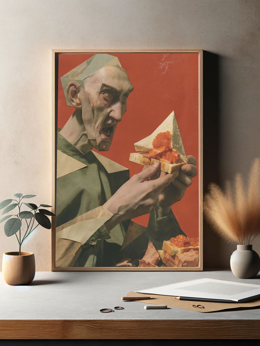 Surreal Collage Man with Sandwich Poster. — room view 2