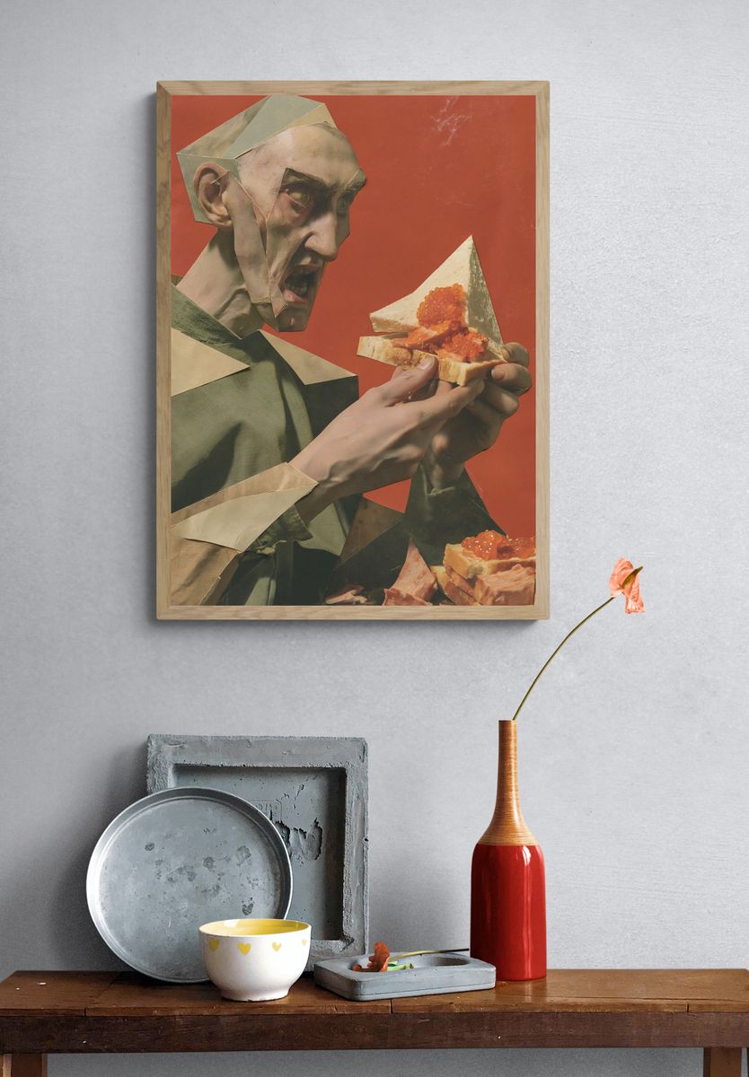 Surreal Collage Man with Sandwich Poster. — room view 3