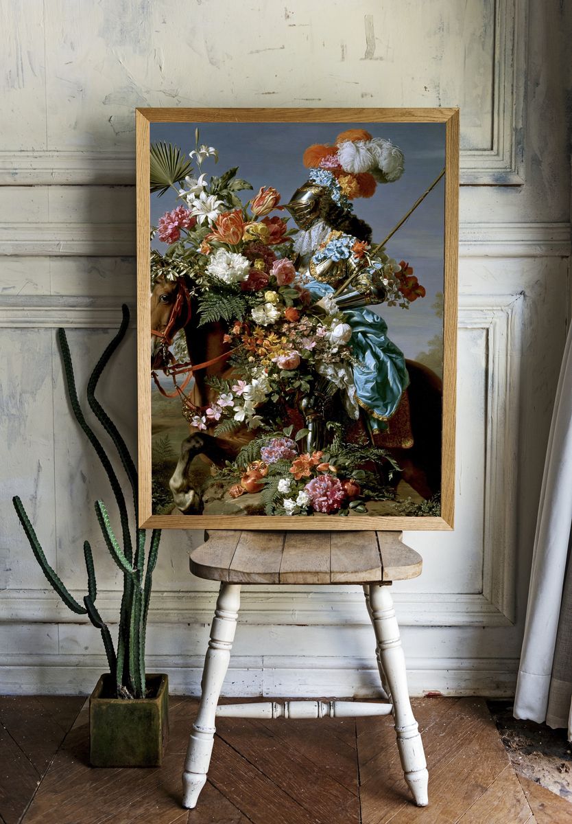 Floral Knight Surrealism Print. room preview