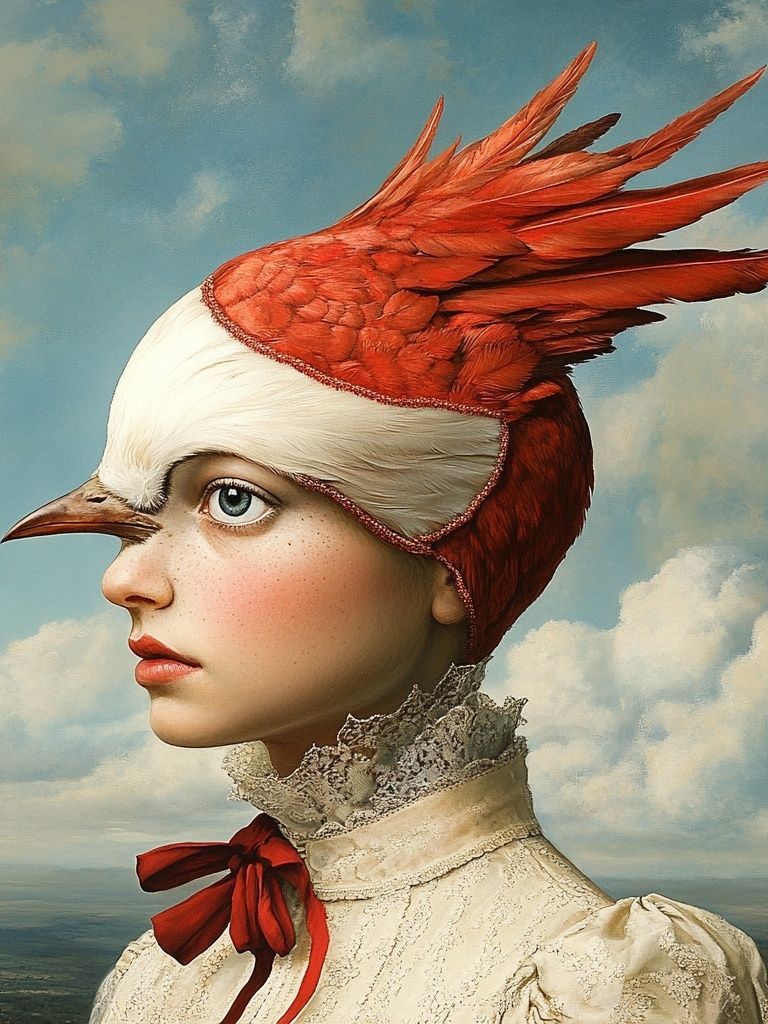 Bird-Hatted Portrait Surrealism Print. poster detail