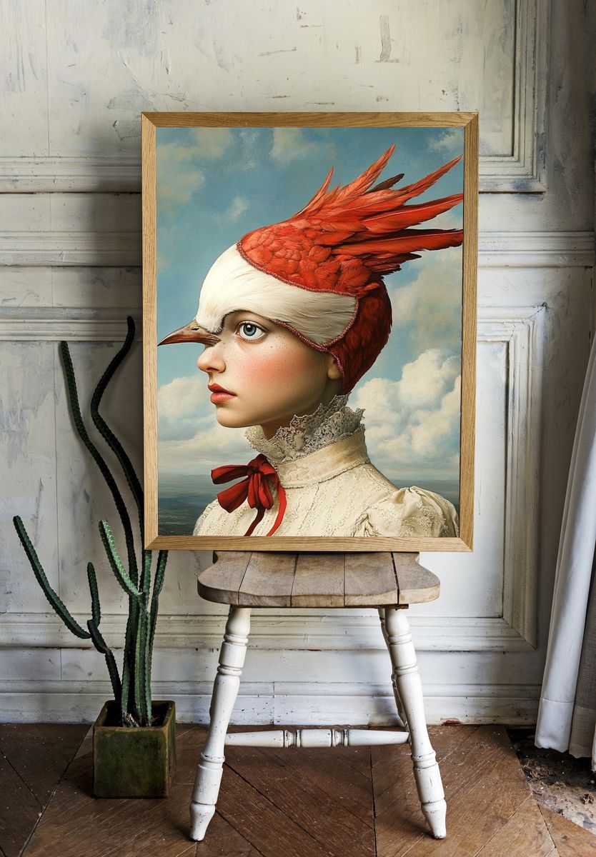 Bird-Hatted Portrait Surrealism Print. room preview