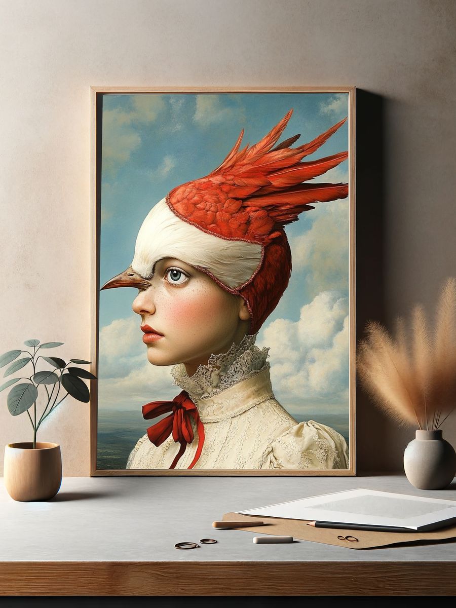 Bird-Hatted Portrait Surrealism Print. — room view 2
