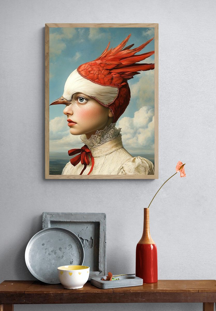 Bird-Hatted Portrait Surrealism Print. — room view 3