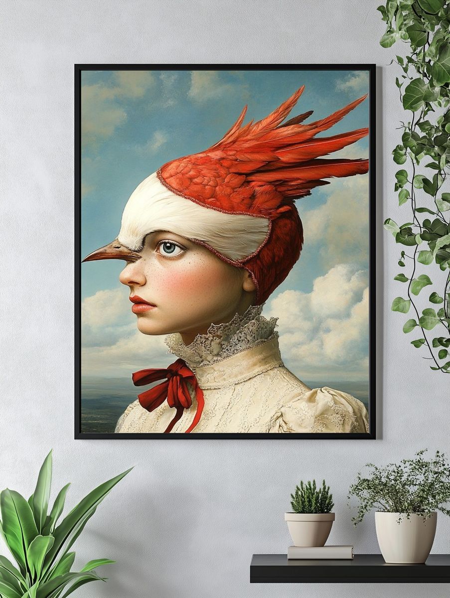 Bird-Hatted Portrait Surrealism Print. — room view 4