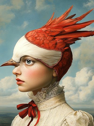 Bird-Hatted Portrait Surrealism Print.