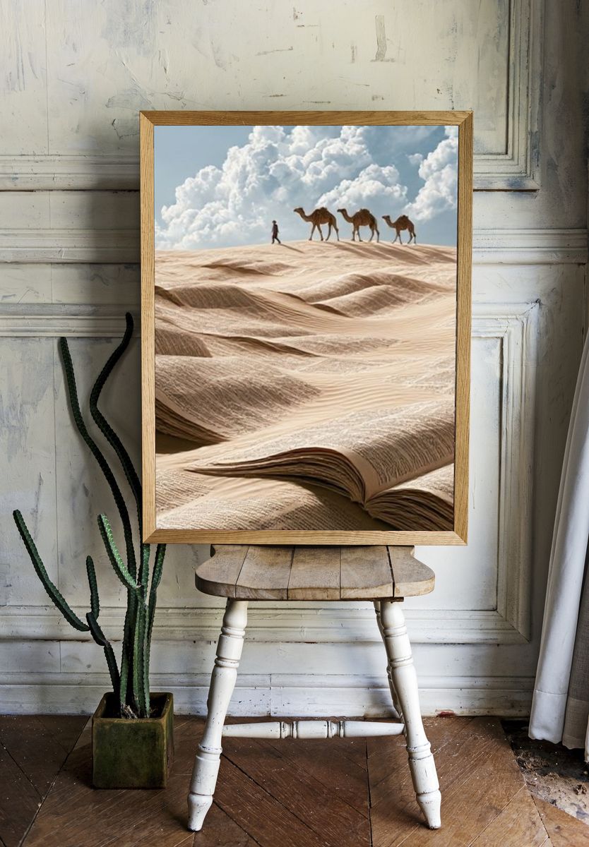 Desert Camels Surrealism Print. room preview