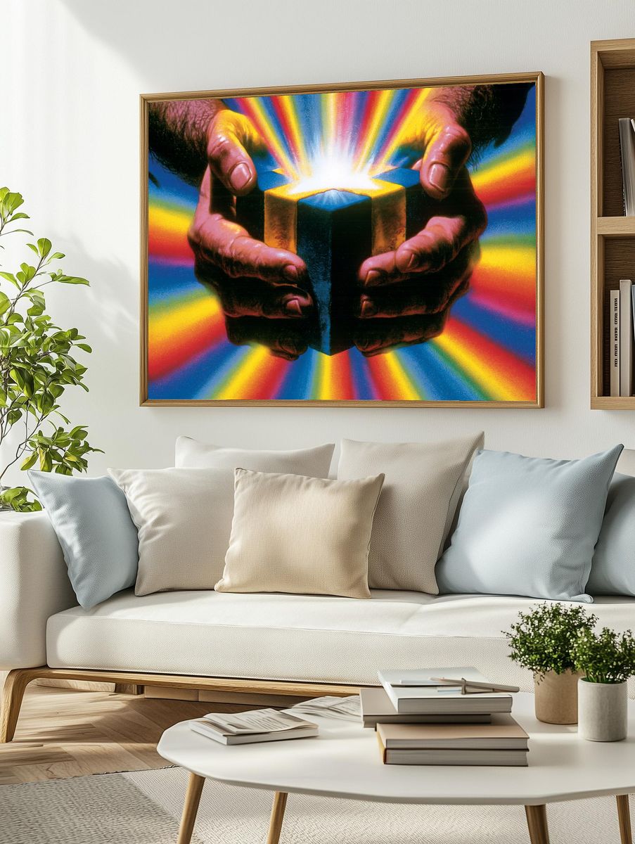 Hands Holding Light Cube Poster. — room view 2