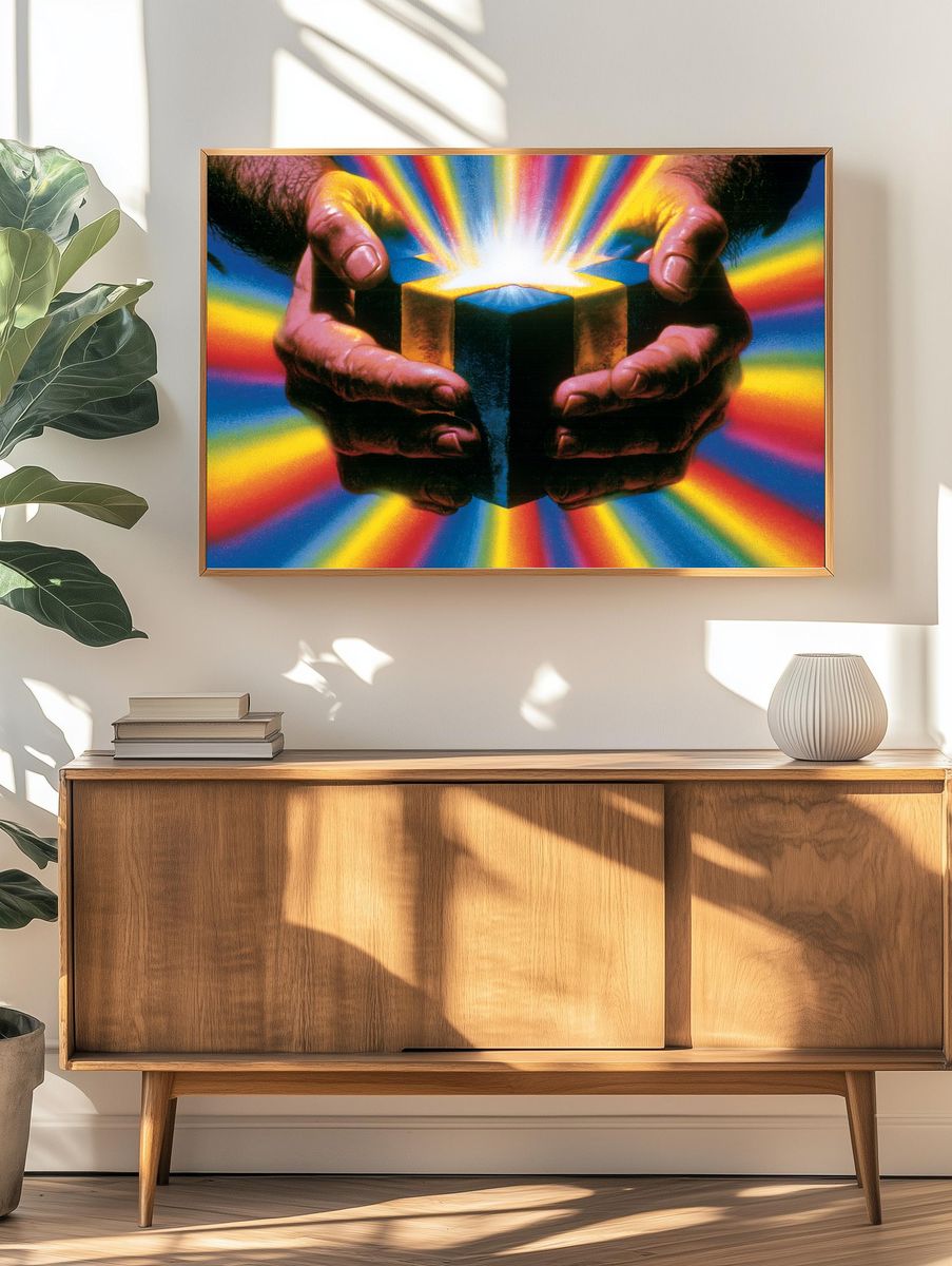 Hands Holding Light Cube Poster. — room view 3