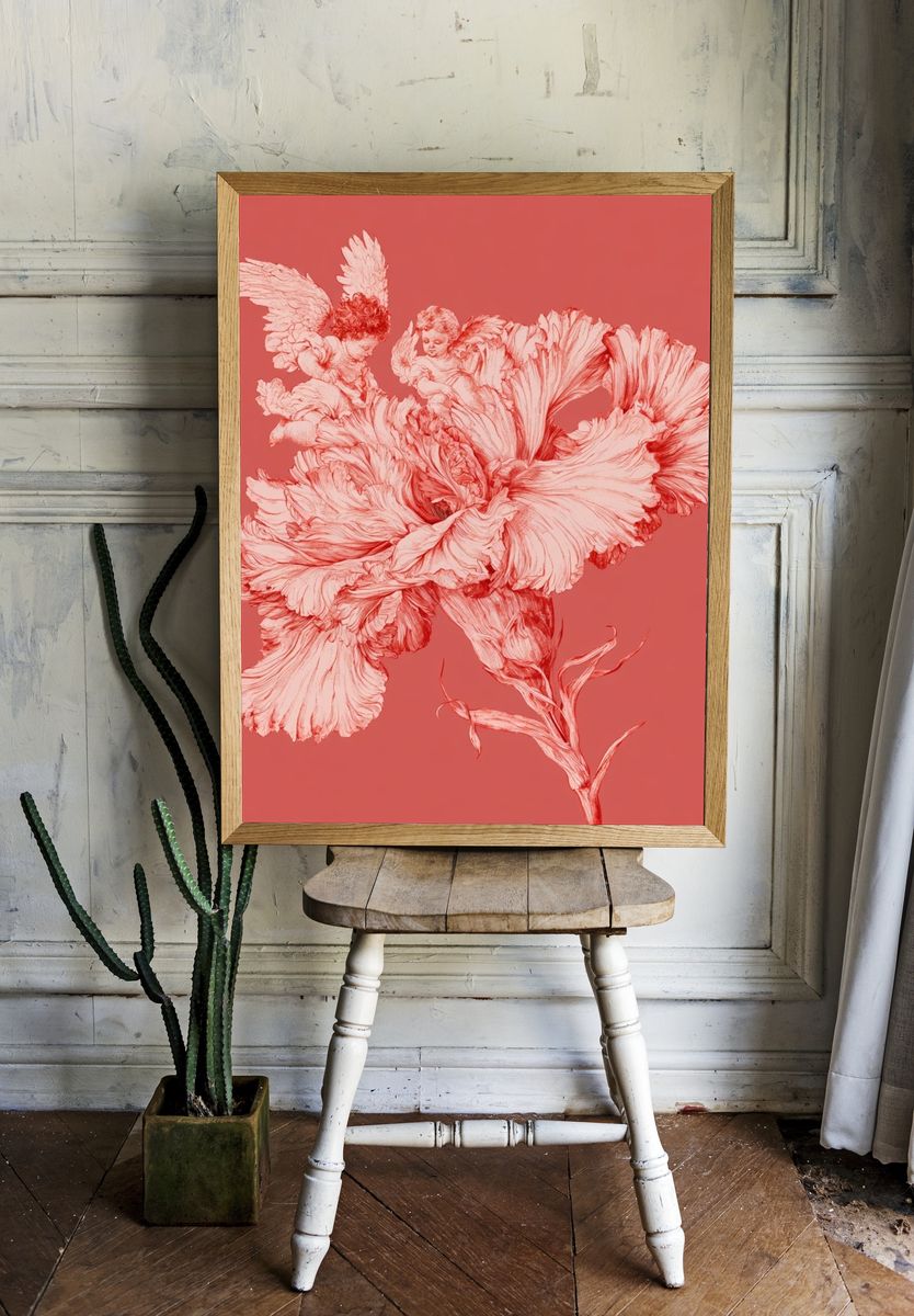 Cherub Floral Surrealism Print. room preview