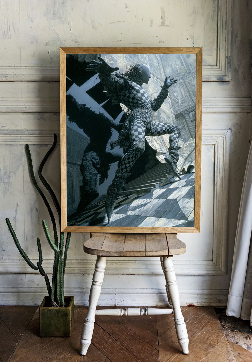 Surreal Checkered Figure Poster. room preview