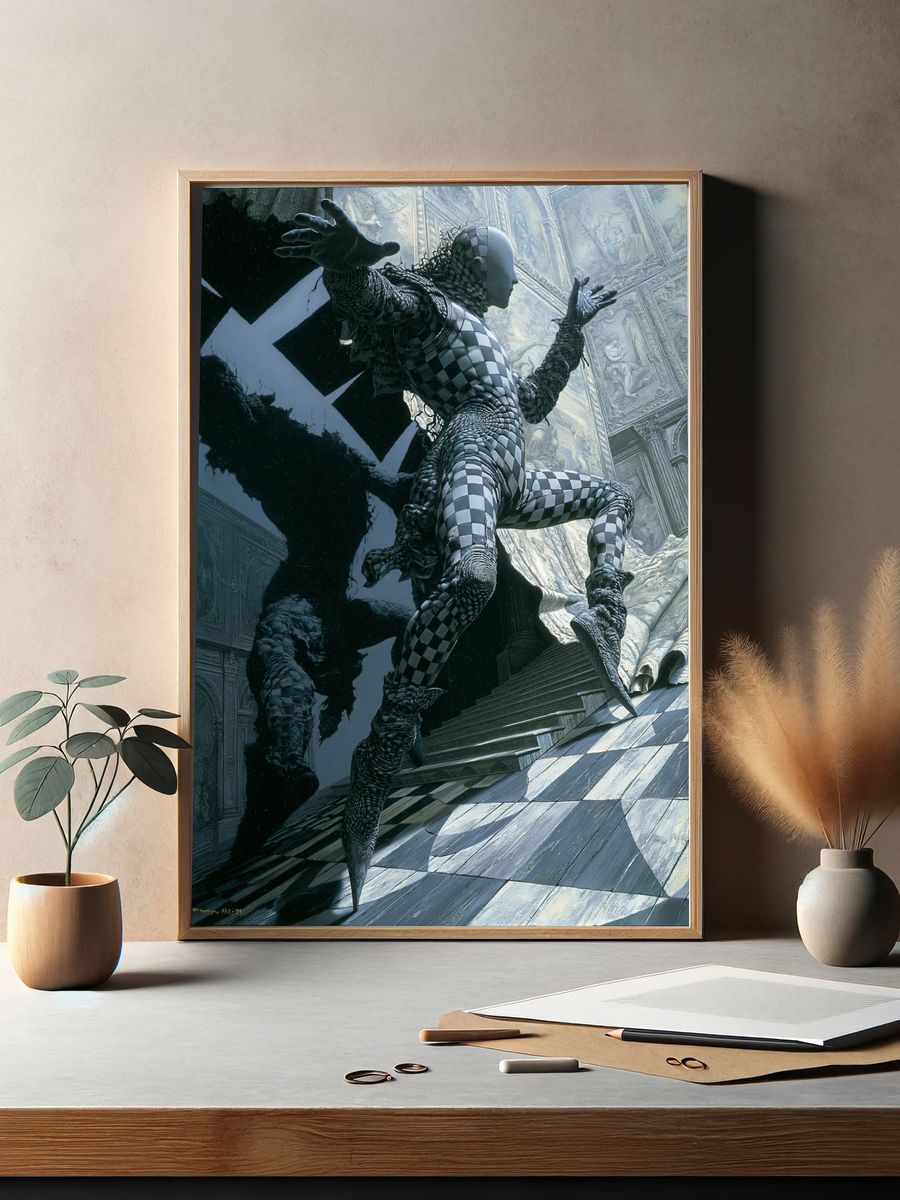 Surreal Checkered Figure Poster. — room view 2
