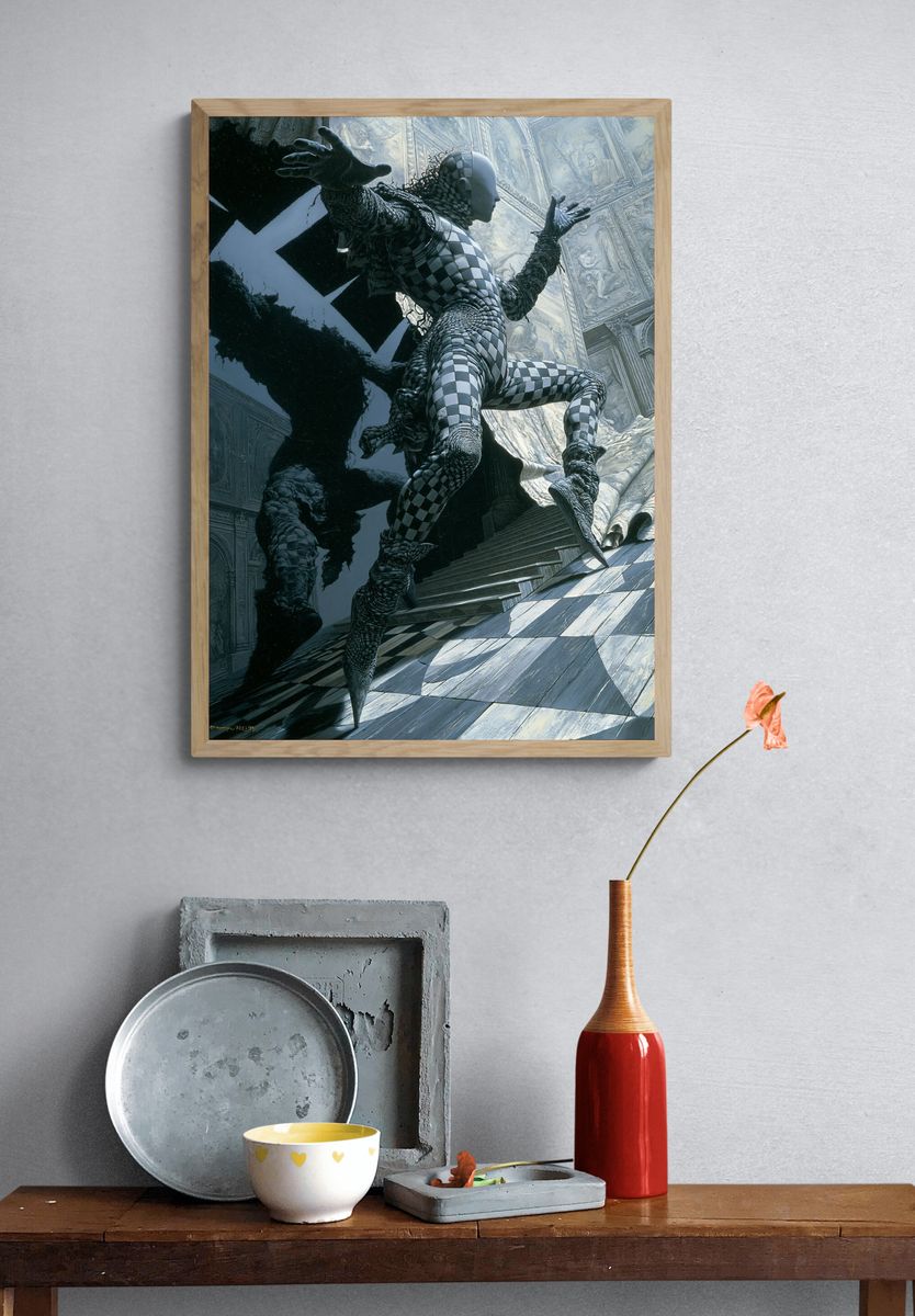 Surreal Checkered Figure Poster. — room view 3