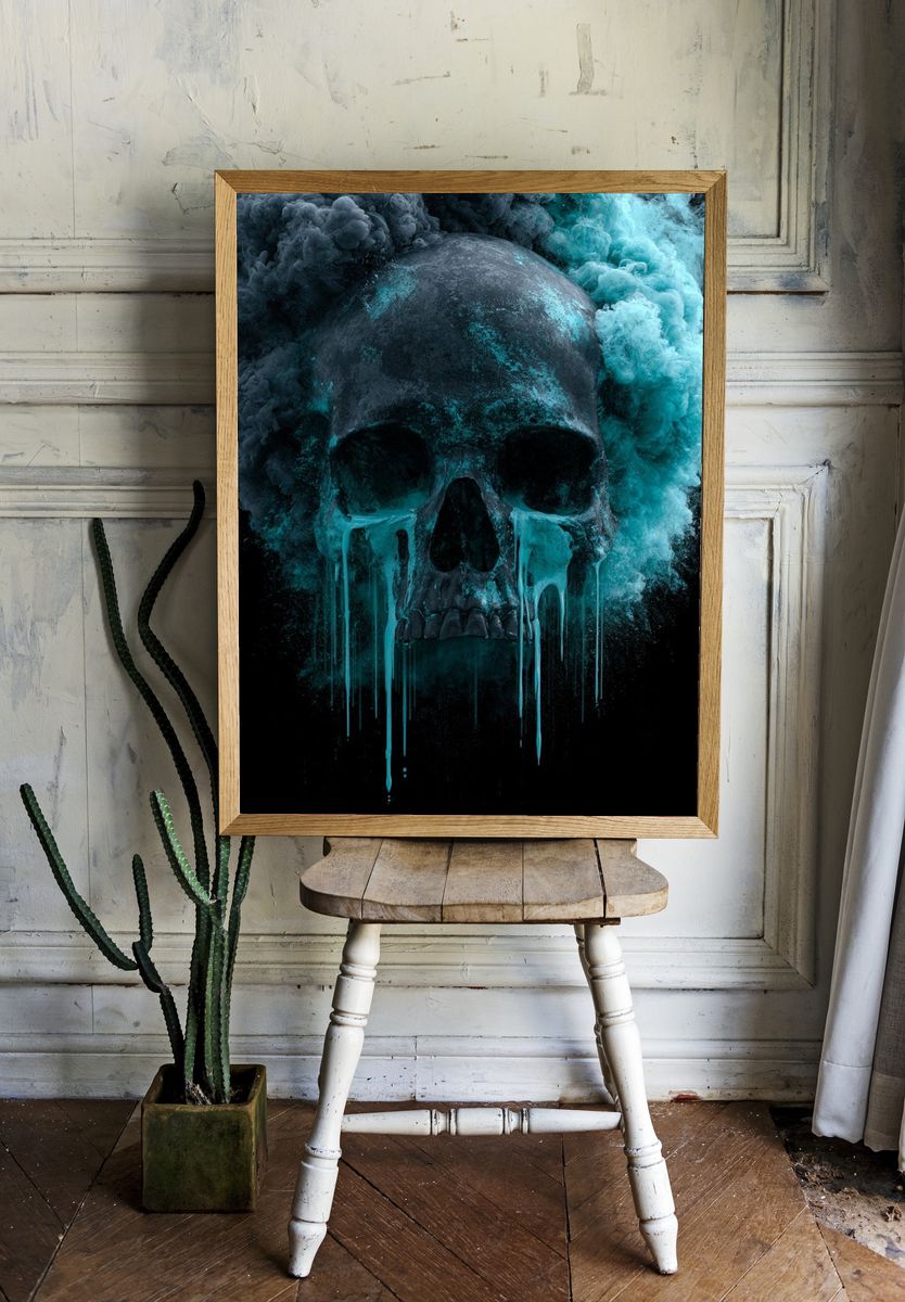 Skull Smoke Surrealism Print. room preview