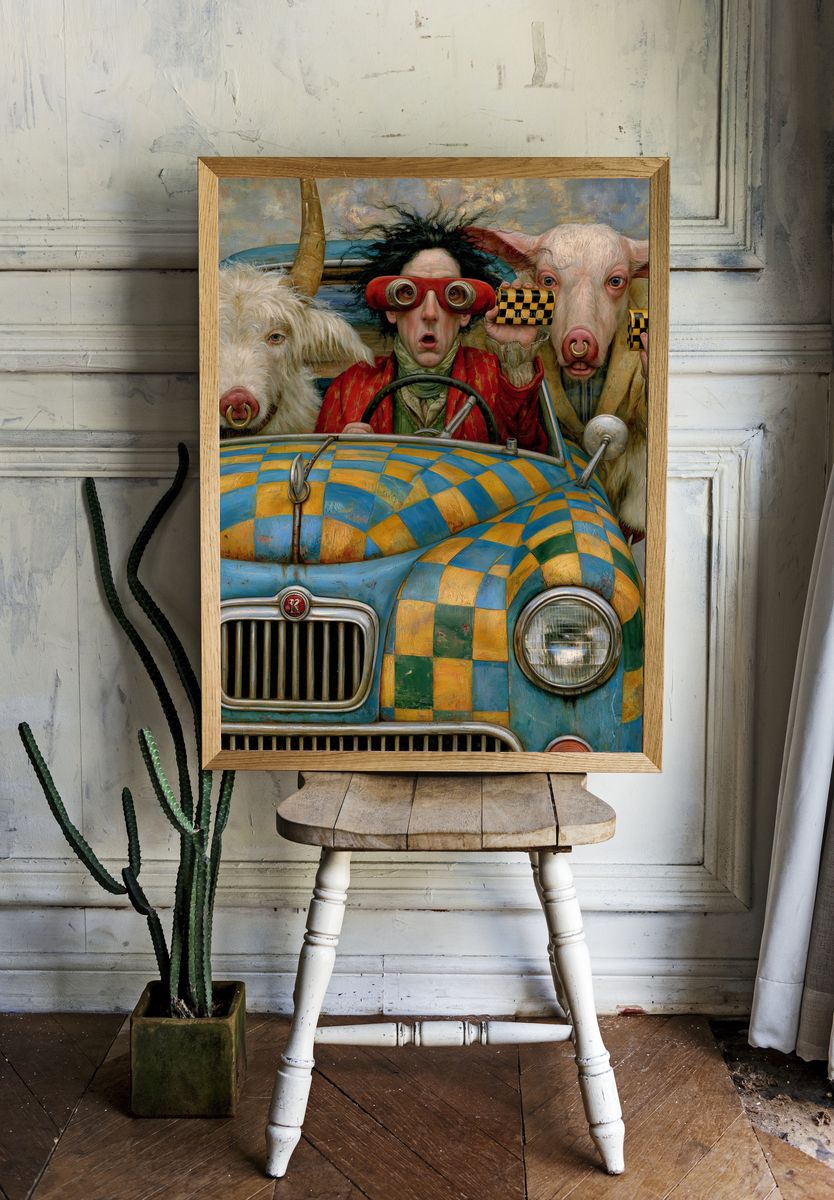 Surreal Animal Car Ride Print. room preview