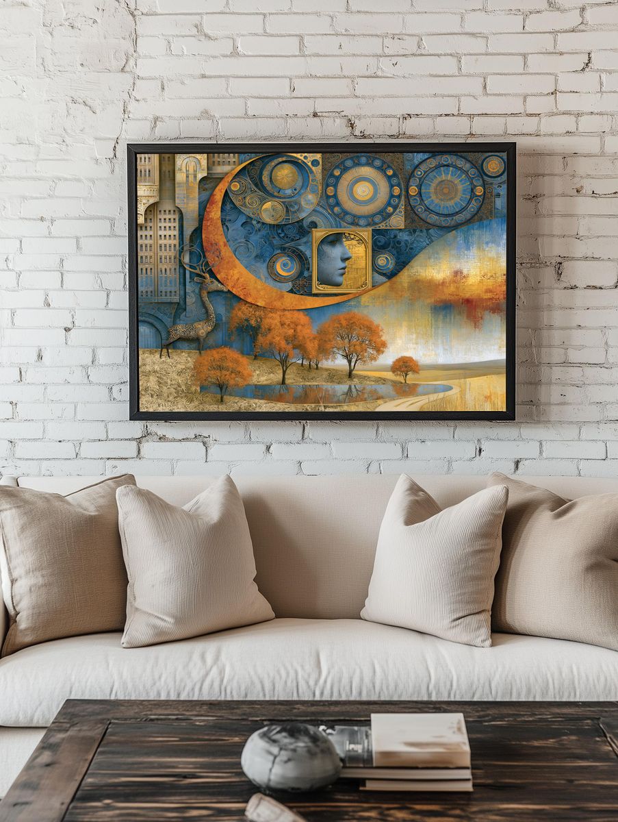 Celestial Blue and Gold Surreal Print. room preview