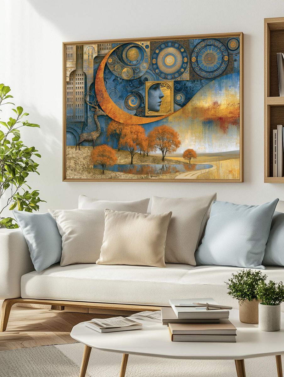 Celestial Blue and Gold Surreal Print. — room view 2