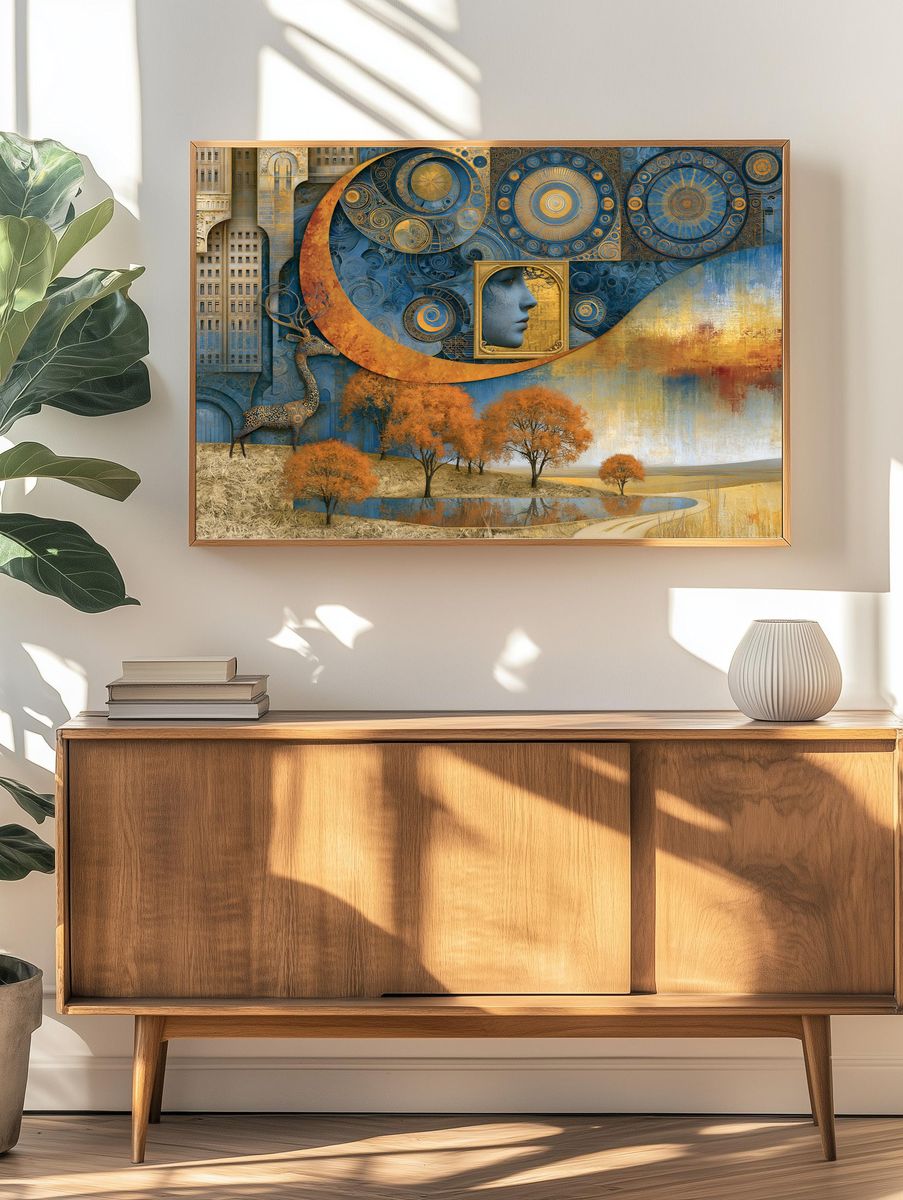 Celestial Blue and Gold Surreal Print. — room view 3