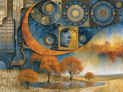 Celestial Blue and Gold Surreal Print.