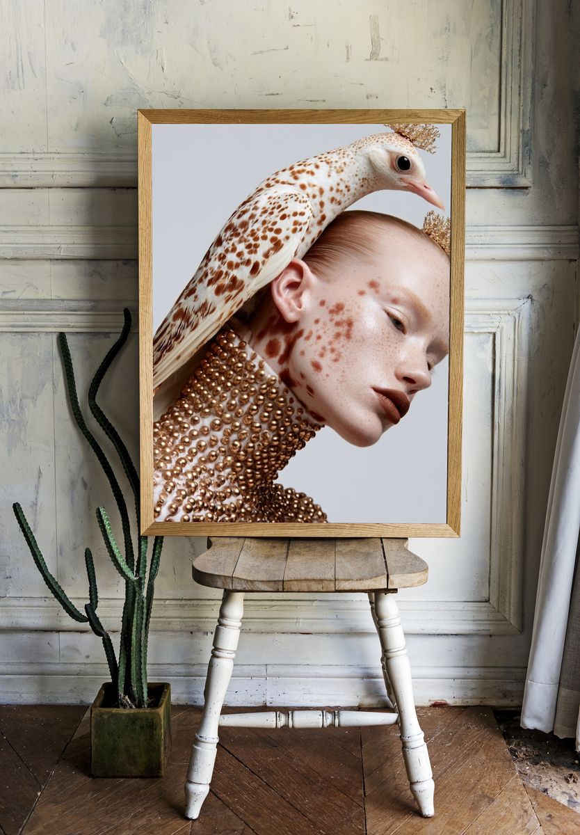 Surreal Bird Portrait Print. room preview