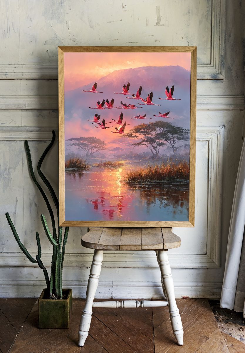Flamingos at Sunset Poster. room preview