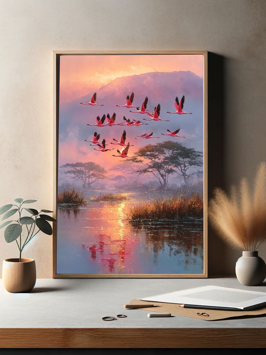 Flamingos at Sunset Poster. — room view 2