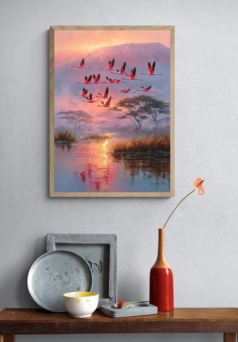 Flamingos at Sunset Poster. — room view 3