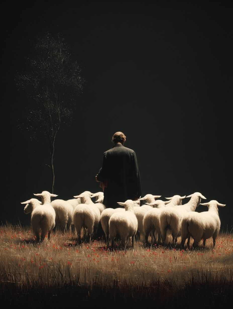 Shepherd and Sheep Surrealism Print. poster detail
