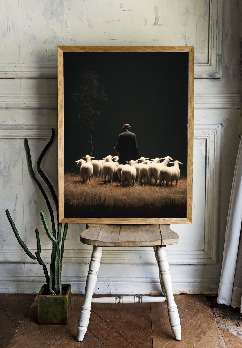 Shepherd and Sheep Surrealism Print. — room view 1